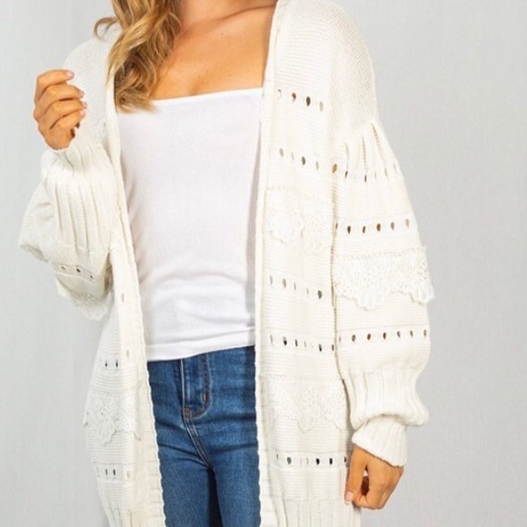 White Long Sleeve Solid Knit Cardigan With Eyelet Detail - Picture 5 of 9